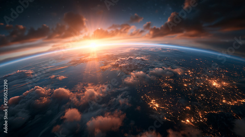 Planet Earth View from Space with Sunrise and City Lights