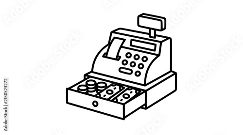 Vintage cash register with open drawer, coins and bills, isolated on transparent background.