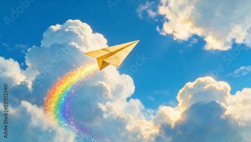 Paper Airplane Flying Over Rainbow Clouds