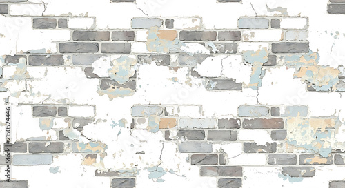 Old brick wall with peeling paint and cracks visible in a building during the day