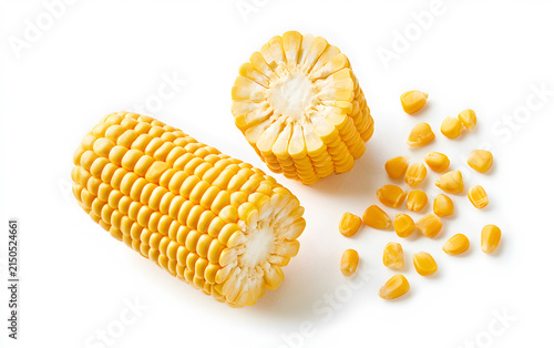 ear of corn isolated on a white background with full depth of field. Top view. Flat lay