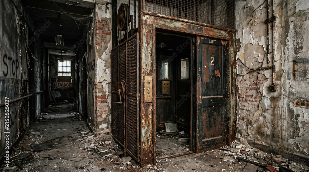 Fototapeta premium Atmospheric photo of an old rusty vintage elevator with open gates in a creepy abandoned building hallway with peeling paint
