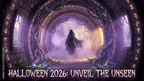 Quadro su tela Enigmatic cloaked figure in a mystical glowing ancient archway surrounded by mag