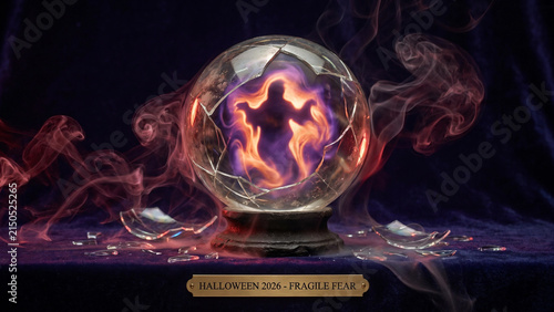 Fotografie Shattered Crystal Ball Revealing a Glowing Ghostly Silhouette with Smoke, Hallow