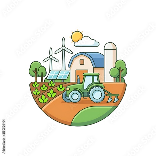 Sustainable Agriculture Illustration Featuring a Green Tractor with Solar Panels and Wind Turbines on a Modern Farm