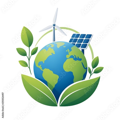 Sustainability Concept Illustration with Globe Wind Turbine Solar Panels and Green Leaves on White Background