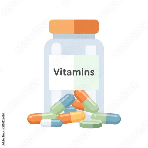 Vitamins in a Glass Bottle with Colorful Pharmaceutical Capsules and Tablets for Health and Wellness Supplement Concept