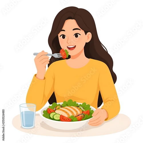 Woman Eating Healthy Salad with Grilled Chicken and Fresh Vegetables for Nutritious Lunch Concept Illustration
