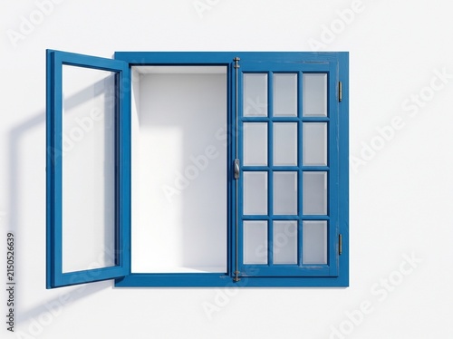 Minimalist Blue Wooden Window Open on a Clean White Wall Background with Copy Space