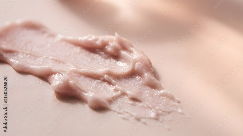 Fototapeta premium Close-up macro shot of a creamy pink cosmetic product swatch on a neutral background with soft shadows.