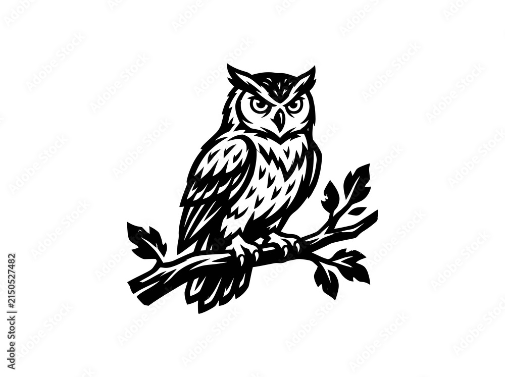 Fototapeta premium Wise Owl Perched on Branch - Black and White Woodcut Style Illustration for Nature Wisdom