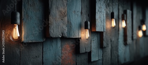A rustic wall of wooden planks with hanging lights, creating a warm and inviting atmosphere