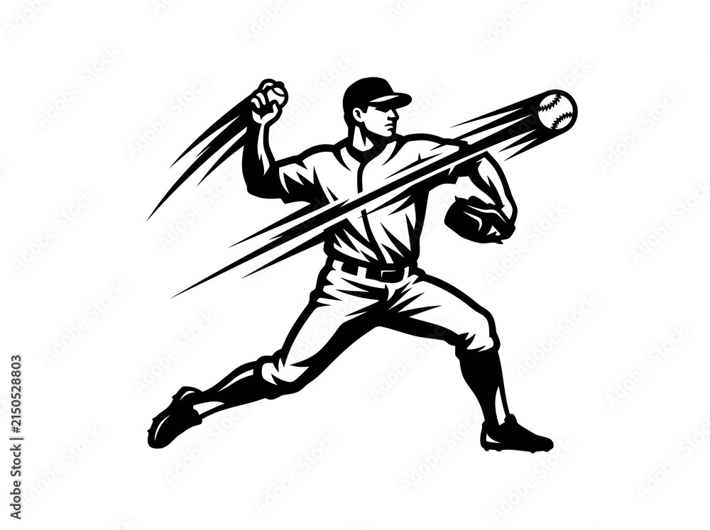 Fototapeta premium Dynamic Baseball Pitcher Throwing Ball in Action - Black and White Graphic Sports Vector Illustration