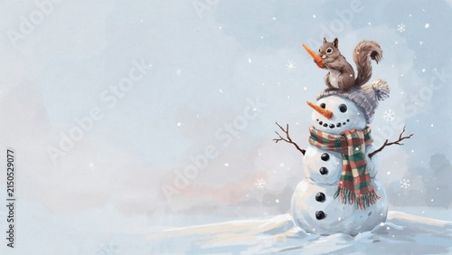 In a snow-covered clearing there is a smiling snowman in a scarf and hat, on which a little squirrel is comfortably ensconced. A photo with a place for the text. 