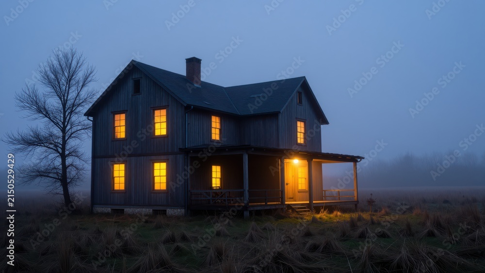 Fototapeta premium Scenic rural landscape with dark wooden house illuminated from within during twilight, showcasing cozy rustic architecture and quiet countryside setting