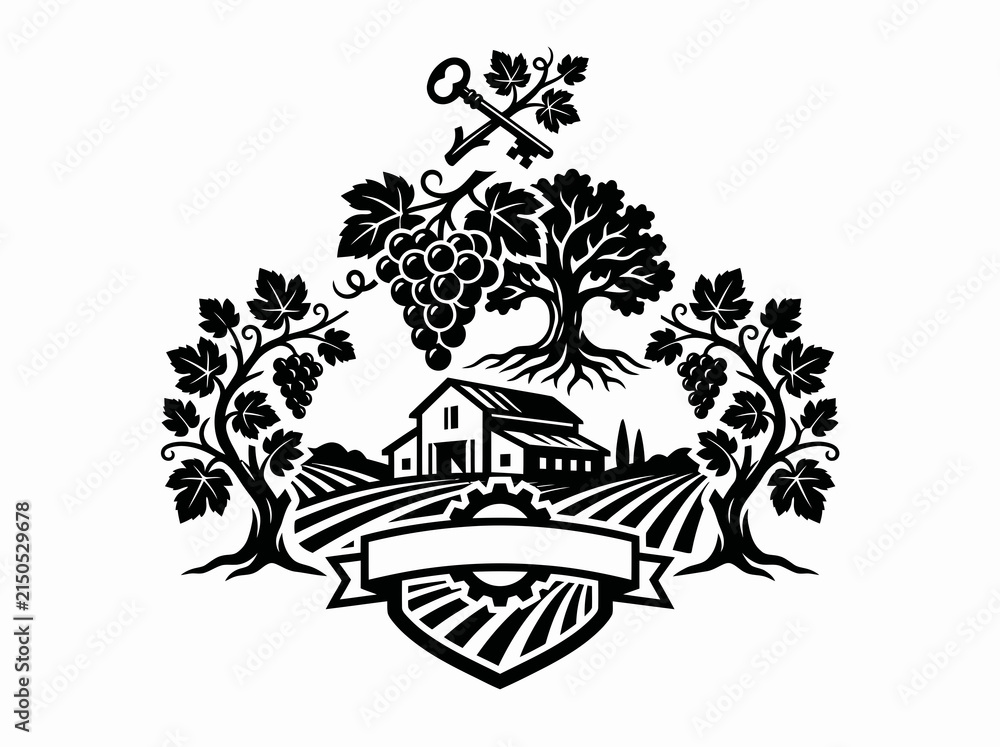 Obraz premium Black White Vector Vintage Viticulture Farm Emblem with Grapes, Barn, Fields, Tree and Key Logo
