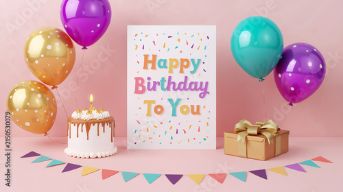 Happy Birthday Greeting Card with Cake, Balloons, and Gift Box on Pink Background - 3D Illustration