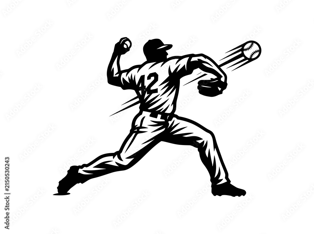 Fototapeta premium Baseball Pitcher Throwing Ball - Black and White Line Art Sports Vector Illustration