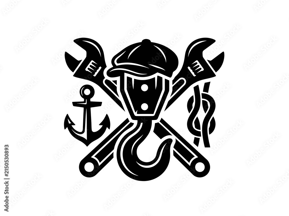 Naklejka premium Maritime Industrial Labor Logo with Anchor, Wrench, Hook, and Cap in Black White Glyph Vector