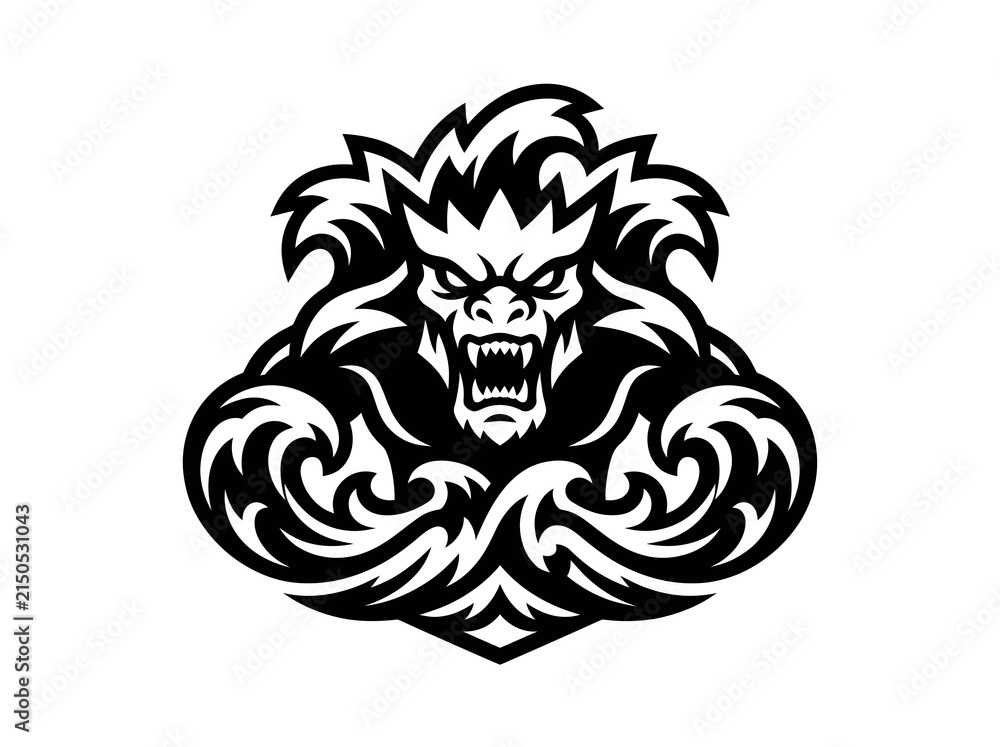 Fototapeta premium Aggressive Gorilla Dragon Monster Head Mascot Logo - Black White Stylized Glyph for Esports Sports Teams