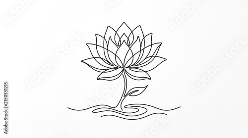 Elegant Minimalist Continuous Line Art Drawing of a Blooming Lotus Flower Floating on Water Waves