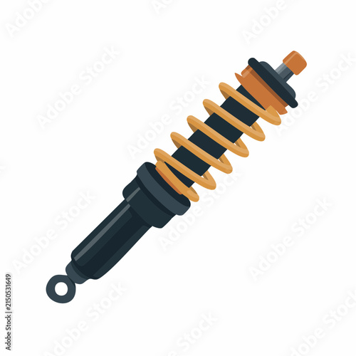 A flat vector illustration shows a car suspension shock absorber with a yellow coil spring.