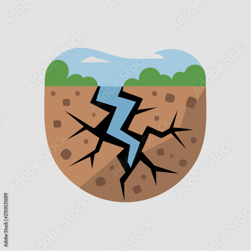 A flat vector illustration shows a cross section of earth with a deep crack and water.