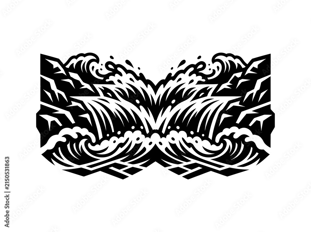 Fototapeta premium Nature Mountain, Waterfall, and Ocean Waves Landscape - Stylized Black White Woodcut Graphic Illustration