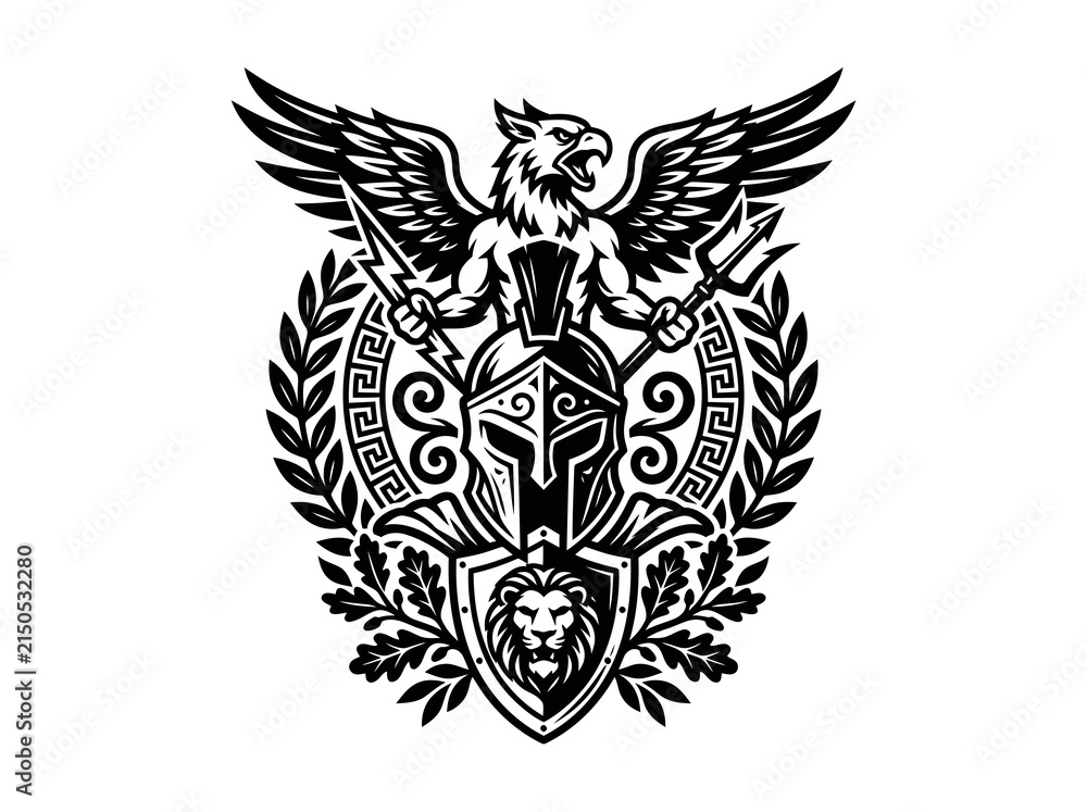 Fototapeta premium Black White Griffin Spartan Helmet Emblem for Sports, Esports Gaming Logo Vector Design