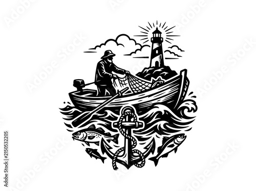 Fishing Industry Engraving Style Illustration of a Fisherman, Lighthouse, Anchor  Fish
