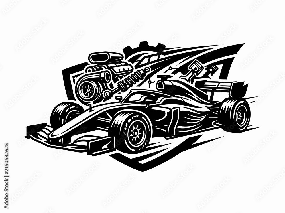 Obraz premium Automotive Racing: Formula 1 Car with Performance Engine Parts Black and White Line Art Illustration Vector