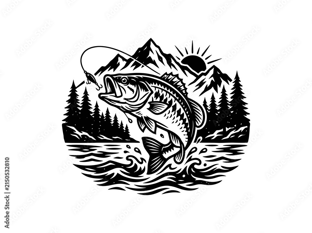 Naklejka premium Dynamic Bass Fishing Scene with Lure, Mountains Trees in Vintage Black White Vector Emblem Style