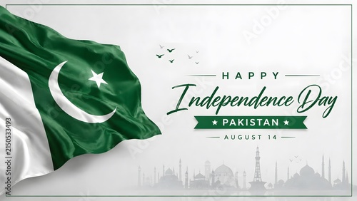 Pakistani independence day celebration greeting card featuring national flag waves and historical landmarks silhouette for fourteenth August unity events.