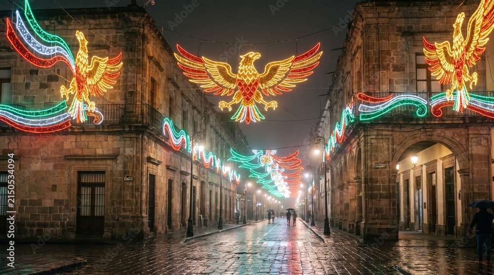 Fototapeta premium Rainy Mexican street decorated for Independence Day at night