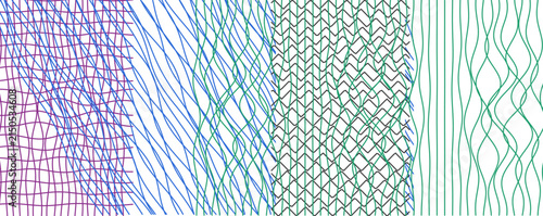 Graphic pattern with purple blue and green wavy and intersecting line art abstract geometric background