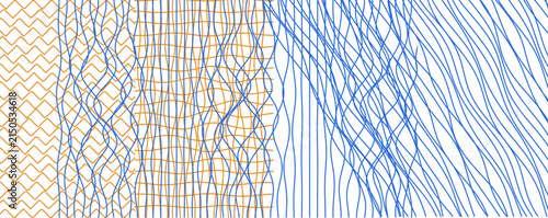 Abstract geometric background with overlaid blue and orange wavy and zigzag lines abstract geometric