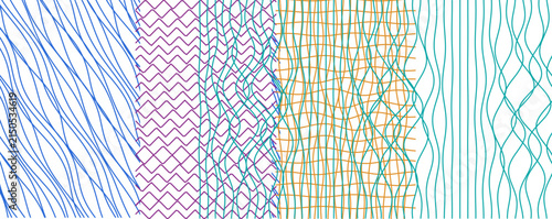 Set of abstract graphic background textures with wavy lines, zigzags, and grid patterns in colorful tones
