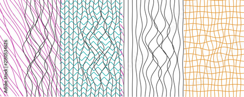 Abstract geometric pattern with varied wavy lines and grids in multiple colorful sections, abstract