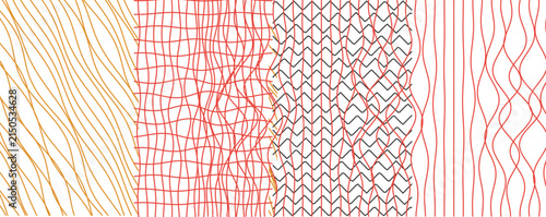 Composition of abstract patterns including wavy line structures zigzags grid motifs with abstract, colorful