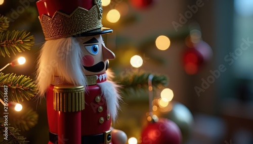 Christmas nutcracker decoration with golden crown and red uniform standing next to Christmas tree lights. Nutcracker symbolizes holiday spirit and joy during festive season.