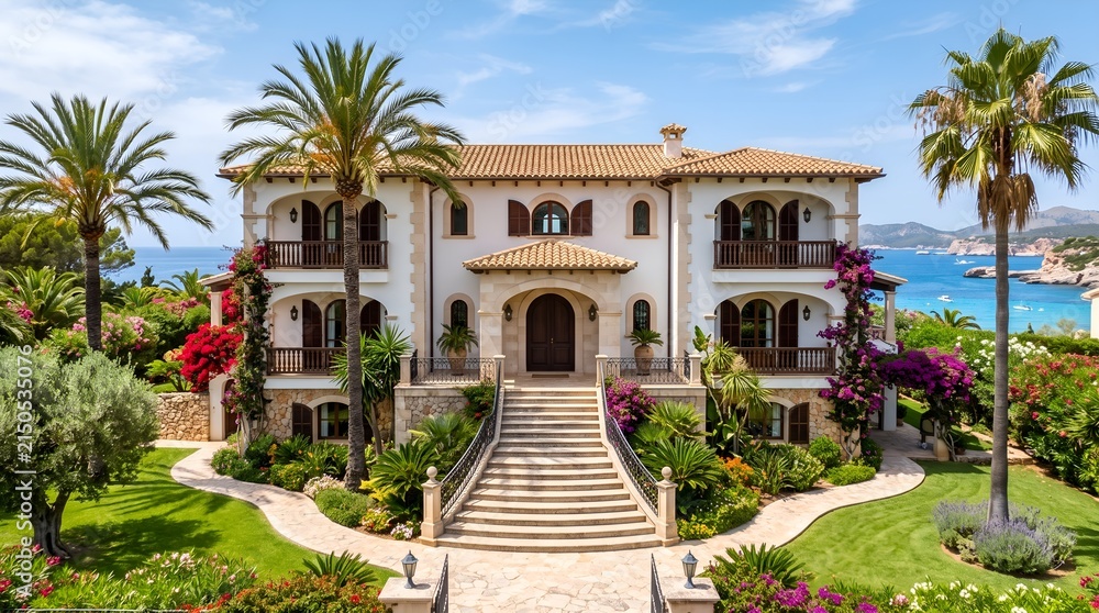 Fototapeta premium A luxurious white tropical villa with a grand stone staircase surrounded by lush green palm trees