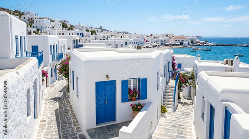 Charming whitewashed village with blue doors and balconies overlooking the Aegean Sea