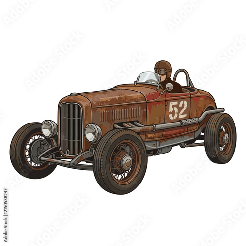 Vintage Hot Rod Car with Racer Driver, Rusty Patina, Classic Automotive