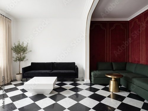 Luxurious lounge with black velvet sofa green sectional and checkered tile floor