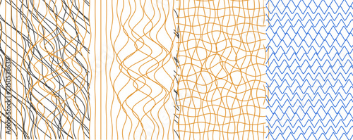 Modern abstract background featuring layered yellow and blue wavy lines with interwoven grids, abstract