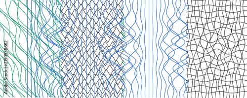 Abstract artistic background composed of green, blue and grey wavy lines and intersecting grids, abstract