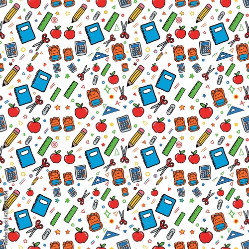 Cute Back to School Seamless Pattern with Doodles of School Supplies on White Background
