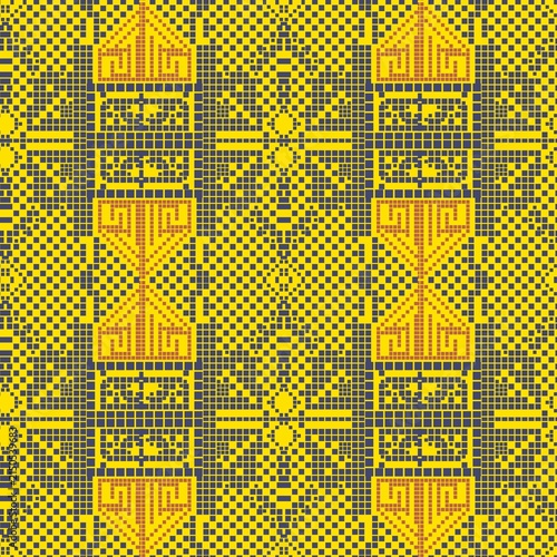 Seamless Geometric Pixel Art Pattern in Yellow and Grey / Traditional Woven Textile Mosaic Background