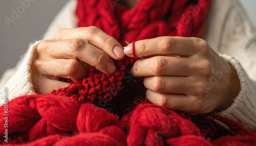 Hand knitting yarn red scarf closeup winter craft wool texture cozy hand knitting red yarn scarf closeup winter craft wool texture cozy warm clothing detail female hobby Christmas concept