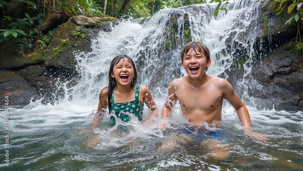 Fototapeta premium Two kids laugh joyfully in a waterfall, splashing happily in the jungle stream.